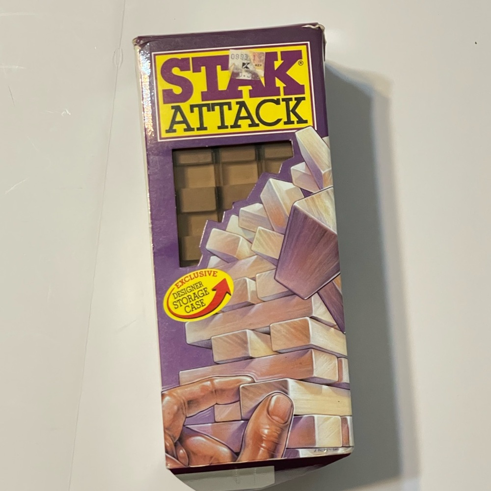 Vintage 1989 Stak Attack Wood Block Stacking Game w/ Case. Excellent Condition